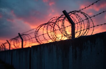 Barbed wire fence on concrete wall silhouette against vibrant sunset sky. Coiled razor wire creates barrier, protecting border. Suggests prison, confinement, restriction, danger, lost freedom at
