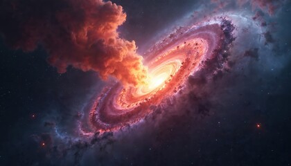 Spiral galaxy center ablaze with bright light. Red cosmic cloud erupts outward, stars dot vast dark expanse. Universe nebula formation. Space exploration art.