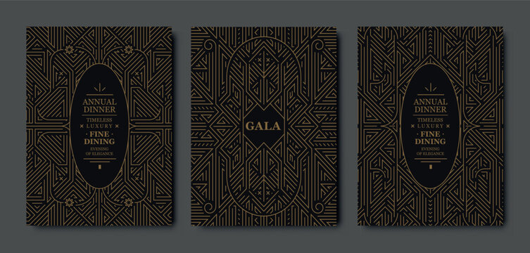 Premium gala card design, gold elegant frame, modern line art, luxury geometric pattern. VIP vector template classic deco, event invitations, posters, party flyers, award ceremonies