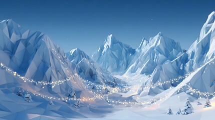 Detailed Low Poly Icy Mountain Landscape with Festive Christmas Lights Illuminating a Winter Valley Under a Clear Blue Sky