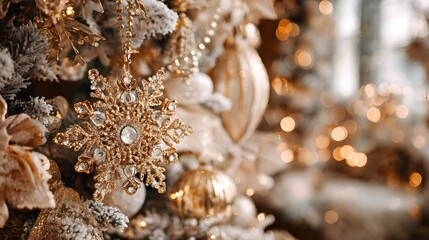 Intricately Embellished Festive Golden Christmas Tree with Shimmering Gems and Elaborate Snowflake Ornaments