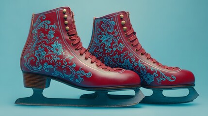 Sophisticated Vintage Classic Ice Skates in Bold Crimson with Understated Azure Details Set Against a Uniform Backdrop Exuding Timeless Elegance