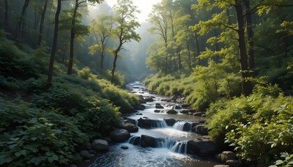 Peaceful Forest Stream Flowing Through Lush Greenery in a Serene Nature Landscape Wallpaper Scene
