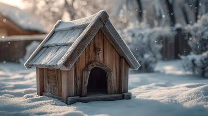 Rustic Wooden Doghouse in a Snow-Kissed Winter Backyard with Shimmering Frost and Peaceful Ambiance