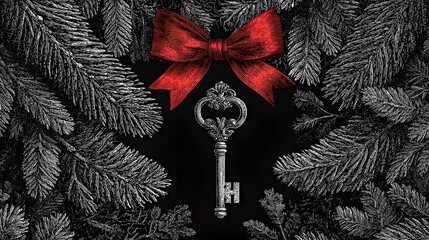 Intricate Black and White Illustration of a Christmas Key Adorned with Pine and a Vibrant Red Bow in a Modern Decor Style