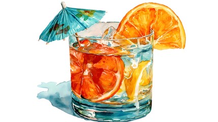 Intricately Detailed Colorful Cocktail Composition Featuring a Fresh Orange Slice and Miniature Beach Umbrella in a Shimmering Liquid