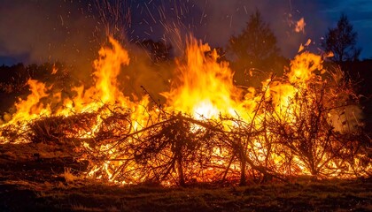A huge bonfire of wood and branches blazes brightly against a dark sky, sparks flying