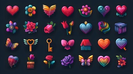Vibrant Colorful Gradient Romantic Icon Set Featuring Hearts, Flowers, Wings, and Key Details for Valentines Digital Design