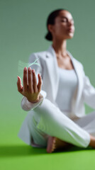 Woman meditating with digital data stream