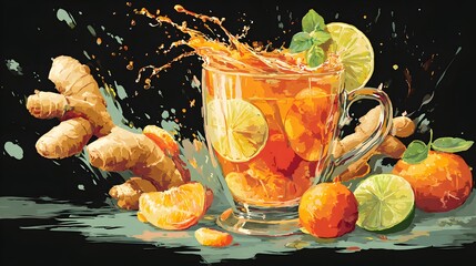 Lively Vector Rendering of Ginseng and Honey Tea with Citrus Slices in Multicolored Hues Representing Vitality and Balance