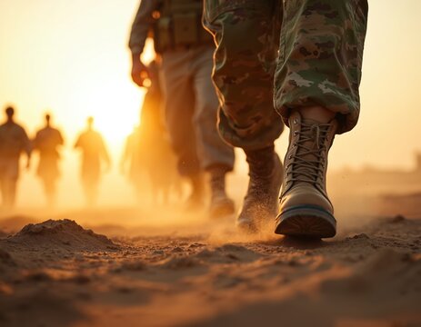 Military soldiers march on dusty desert ground at sunset. Close-up shows military boots kicking up sand. Silhouettes of troops walk forward into golden light. Group of personnel moves in unison on