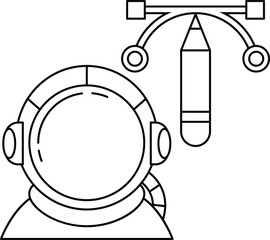 A man in a spacesuit is holding a pencil and a pen