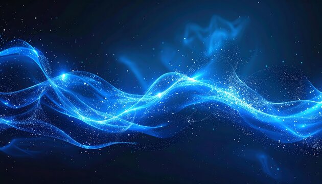 Abstract flowing blue lines and scattered particles against a dark background create dynamic visual effect