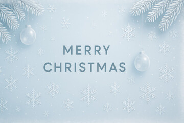 Merry Christmas greeting with snowflakes and pine branches
