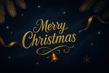 Merry Christmas golden text with bell and festive decoration dark