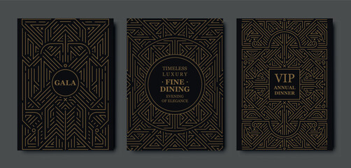 Premium gala card design, gold elegant frame, modern line art, luxury geometric pattern. VIP vector template classic deco, event invitations, posters, party flyers, award ceremonies