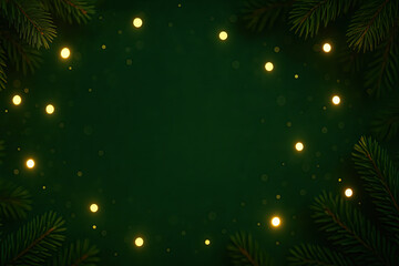 Christmas lights glowing warmly dark green pine branches background