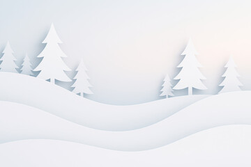 Winter landscape with white paper trees and hills in soft light