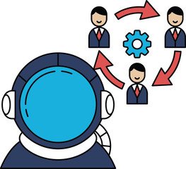 A man in a spacesuit is looking at a group of people