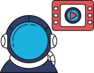A man in a space suit is wearing headphones and looking at a video screen