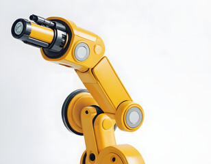 Close-up of a Yellow Industrial Robotic Arm on White Background.