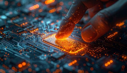 Finger presses a glowing fingerprint icon on a futuristic circuit board with bright orange and blue lights