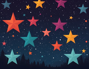 Night Sky Background with Colorful Geometric Stars and Forest Silhouette.