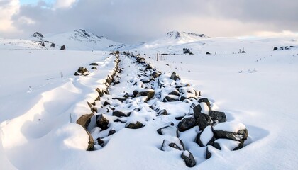 Stone wall path through snowy field leads to snowy mountain peaks under a cloudy, blue and orange sky