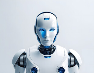 White and Blue Humanoid Robot Head and Torso Portrait on Clean Background.