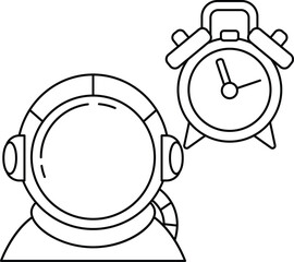 A man in a spacesuit is wearing headphones and looking at a clock