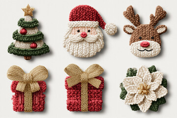 Scandinavian Christmas Clipart Set – 3D Embroidered Yarn Style with Gold Accents on White Background