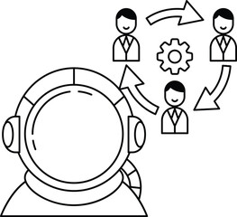 A man in a spacesuit is looking at a group of people