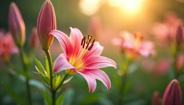 Pink lily flower blooms in garden. Delicate petals unfurl in soft sunlight. Green leaves and buds surround blooming plant. Nature beauty serene atmosphere.