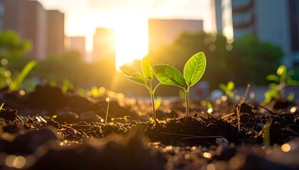 Young sprouts emerge from soil, glowing under a sunlit cityscape. Hopeful sign of life in an urban environment