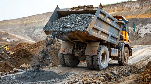 A large dump truck unloads gravel at a construction site. The background features a rocky landscape with earth-moving equipment.