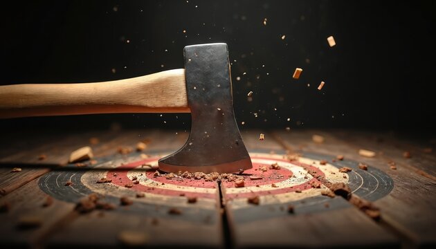 Axe hits wooden target board, blade embedded in center. Wood chips fly around target. Shows accuracy, skill in axe throwing sport. Rustic background highlights competition game. Popular recreation