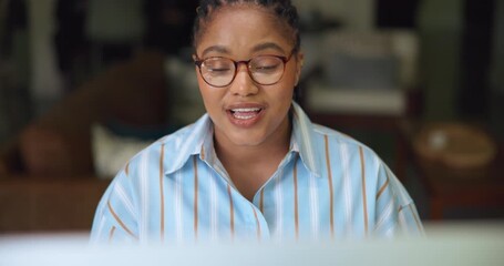 Happy woman, video call and online meeting with wave in home for virtual discussion or chat. Female person, remote work or freelancer talking with glasses for webinar, conversation or communication - Powered by Adobe