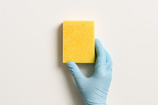 Cleaning Essential: A gloved hand delicately holds a bright yellow sponge, symbolizing hygiene, cleanliness, and the power of purification.