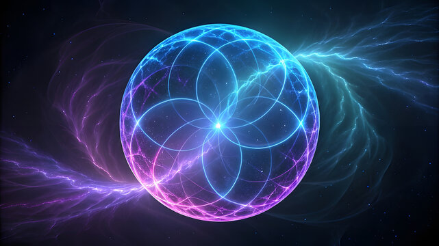 Vibrant abstract energy sphere with cosmic light trails