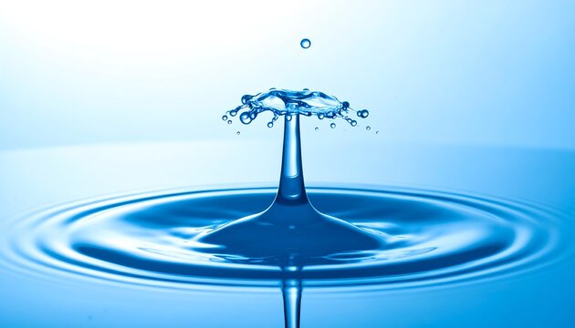 A water drop collision creates a miniature mushroom shape on a blue background with ripples - Powered by Adobe
