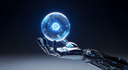 Sophisticated robotic hand holding glowing blue energy sphere with neural network patterns. Premium AI and machine learning visualization for technology presentations and digital innovation marketing.