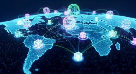 Futuristic blockchain network visualization with geometric nodes connected across digital Earth surface. Perfect for cryptocurrency, fintech and distributed technology concept illustrations.