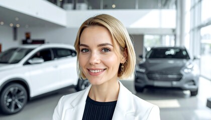 Smiling blonde woman in white blazer at a bright auto dealership showroom with two cars in background