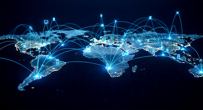 Dynamic global network visualization with illuminated world map showing data connections and communication links. Perfect for international business, IoT, and digital connectivity presentations. - Powered by Adobe