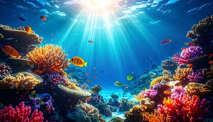 Underwater coral reef scene with vibrant coral, fish, and sunbeams piercing the blue water