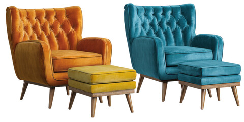 Two armchairs with ottoman on transparent background