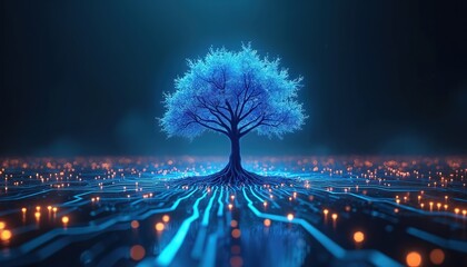 Glowing blue tree with intricate roots grows from a digital circuit board with glowing orange lights. Represents tech growth and future innovation.