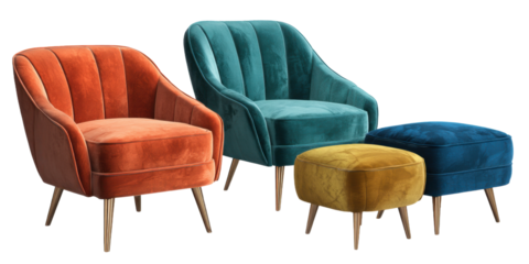 Velvet Armchairs and Ottoman Set with Golden Legs