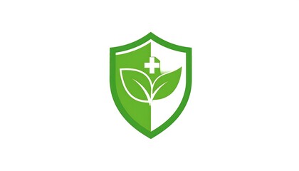 Stylized green shield with leaves and cross, divided diagonally on white, evokes health, protection, and nature