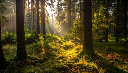 Sun rays filter through the tall trees in a dense forest, illuminating the mossy ground in a serene scene